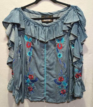 Vintage Collection Women's L Embroidered Lyocell Peasant Blouse Floral Ruffle